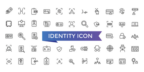 Identity icon collection. Related to ID card, biometric, fingerprint, identification, passport, DNA and authentication icons.
