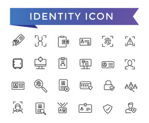 Identity icon collection. Related to ID card, biometric, fingerprint, identification, passport, DNA and authentication icons.