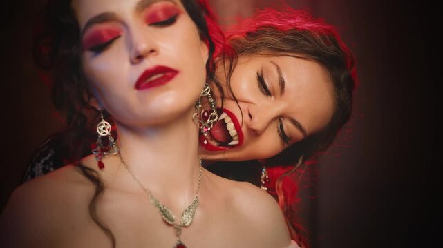 Two women vampires. beauty woman Fantasy lady evil face vampire queen girl biting victim neck drinking blood with sharp fangs teeth red lips makeup close-up. dark night room gothic old style art 4k