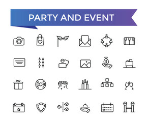 Party and Event Icons set with editable stroke collection for web and ui. Line icons pack. Vector illustration.