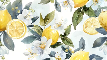 A watercolor pattern of lemons and flowers that evokes freshness and spring.
