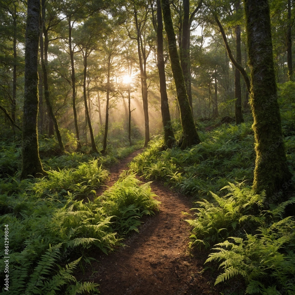 Poster sunlight filters through dense forest, casting warm glow, creating long shadows on winding dirt path