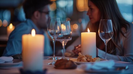 A couple enjoying a candlelit dinner at an elegant restaurant, with romantic ambiance and fine dining, showcasing love and special moments