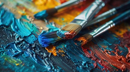 Obraz premium A close-up of an artist's palette with vibrant paints and brushes, showcasing creativity and the process of making art