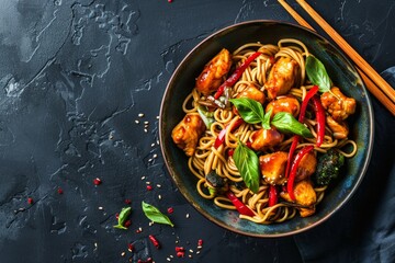 Bowl with Asian chicken stir fry soba noodles with vegetables on dark black stone background from above, Chinese Thai or Japanese noodles dish with soy sauce