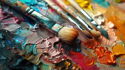 Obraz premium A close-up of an artist's palette with vibrant paints and brushes, showcasing creativity and the process of making art