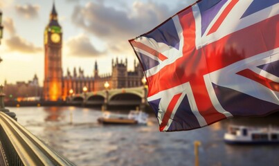 photo of british flag waving in front of big ben and london bridge, blurred background of water and buildings