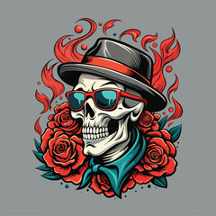 a skull wearing sunglasses and a stylish hat with beautiful roses. the design can be used to t-shirt, emblem and more