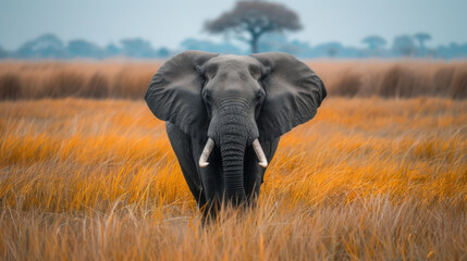 Fototapeta premium Majestic elephant standing in the tall grass of the African savanna with a distant tree and hazy sky in the background.