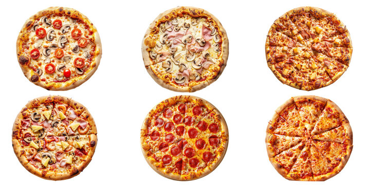 Top view collection of Pizza with different tasty isolated on background, Popular fast food, flat lay pizzas.
