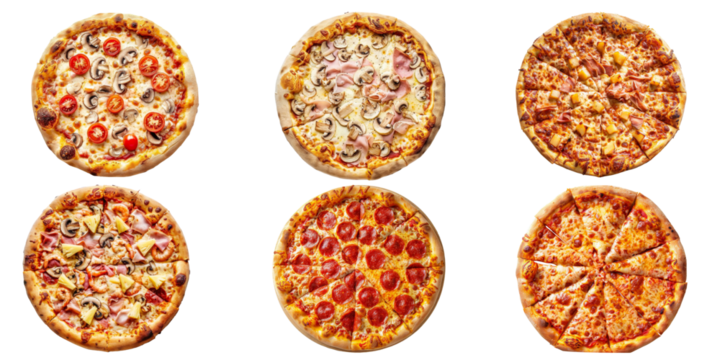 Top view collection of Pizza with different tasty isolated on background, Popular fast food, flat lay pizzas.