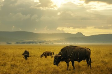 Fototapeta premium Buffalo family grazing