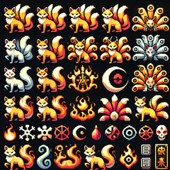 A sprite sheet in pixel art style for a Japanese RPG featuring nine-tailed fox icons