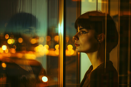 Young woman reflecting by a window at night. Generative AI image
