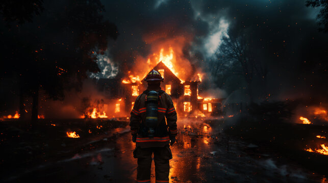 Brave firefighter facing a blazing house fire. Generative AI image