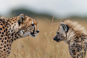 Obraz premium Cheetah, mother of four cubs, confronts a spotted hyena 