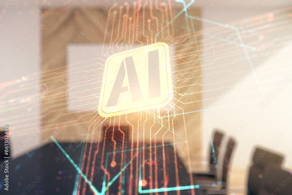 Aufkleber double exposure of creative artificial intelligence icon on a modern meeting room background. neural