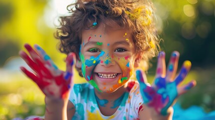 A joyful child with curly hair and a big smile, covered in colorful paint on their face and hands, enjoying outdoor playtime.