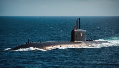 Fototapeta premium An advanced submarine navigating calm waters, highlighting cutting-edge naval capabilities