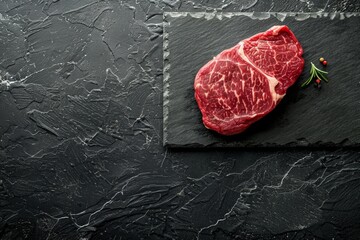 Close-up of raw marbled meat steak Ribeye on black rustic stone background ready for cooking, roasting, grill or BBQ party, top view. Meat restaurant concept