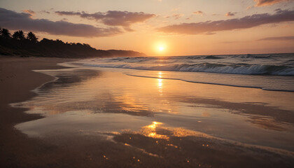 Serene Beach Sunset with Waves and Golden Reflections