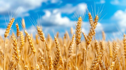 Fototapeta premium A field of wheat against a blue sky with white clouds.