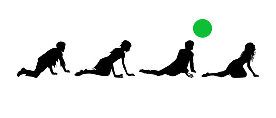 Scary zombie man and woman laying on the ground front view silhouette black filled vector Illustration icon