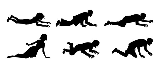 Scary zombie man laying on the ground front view silhouette black filled vector Illustration icon