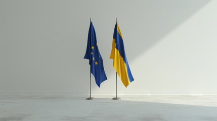 photorealistic rendering of european and ukrainian flags standing next to each other in an empty room with white walls