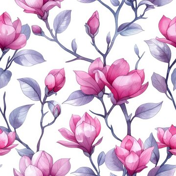 Magnolia Blossoms flowers, seamless pattern, watercolor, clean illustration, white background
