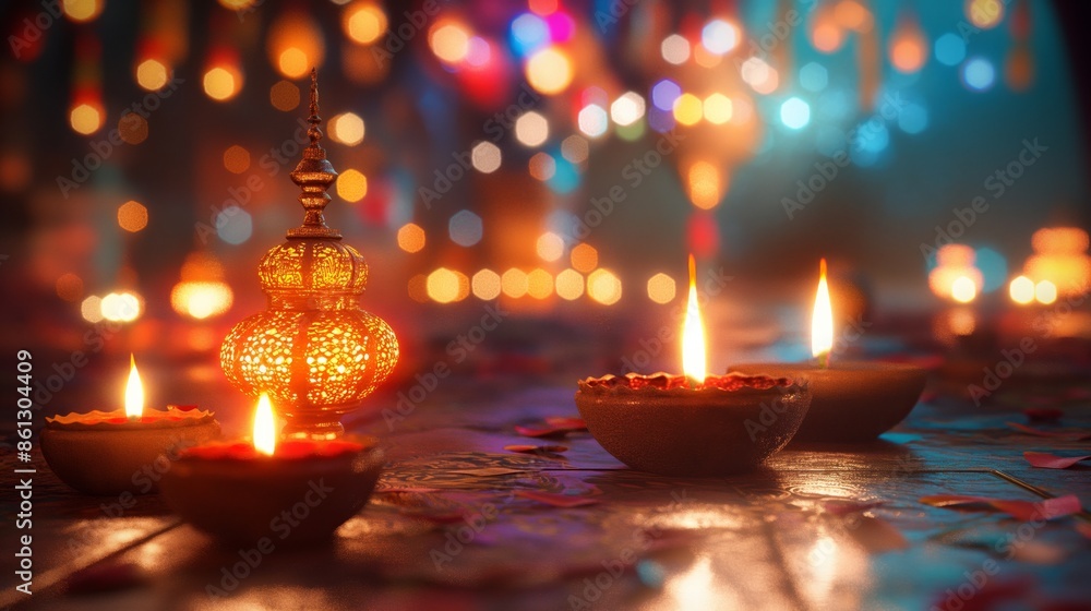 Poster an enchanting combination of lit candles and decorative lanterns creating a festive atmosphere with 
