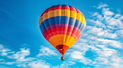Fototapeta premium A colorful hot air balloon floats in a clear blue sky.