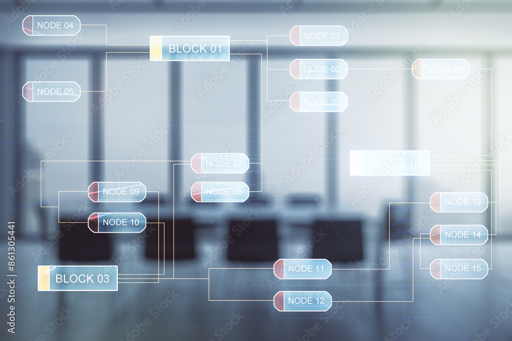 Poster Multi exposure of abstract graphic coding sketch on a modern furnished classroom background, big data and networking concept