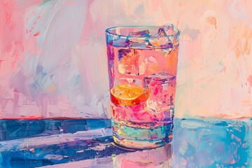 Pink Citrus Drink With Ice in Glass on Blue Surface