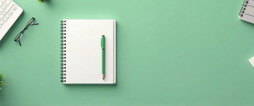 cute notebook on green background top view banner with copy space