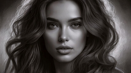 Naklejka premium Portrait jolie brune fusain monochrome IA 13