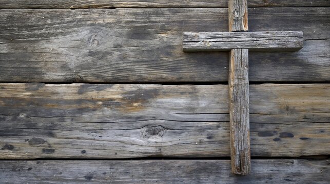 A weathered wooden cross is mounted on an old rustic wooden background, creating a feeling of timelessness and serenity in the image.