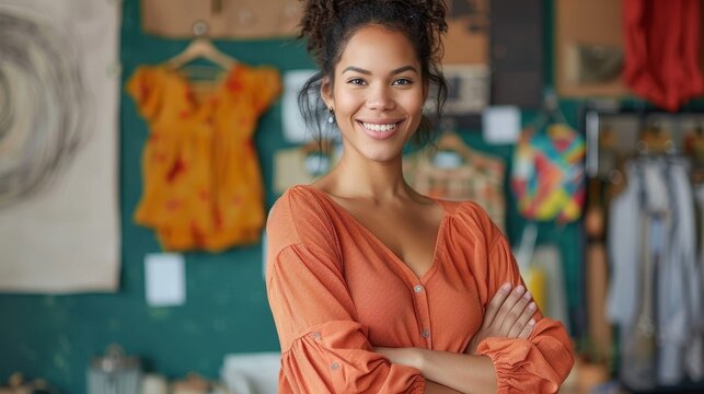 A young woman with curly hair smiles confidently, standing in a workshop environment wearing a bright orange blouse. The setting suggests creativity and craftsmanship.