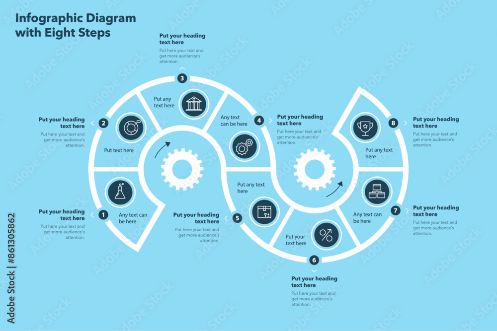 Aufkleber Flow infographic design template with eight steps - blue version. Modern process diagram with numbers, icons and places for your texts.