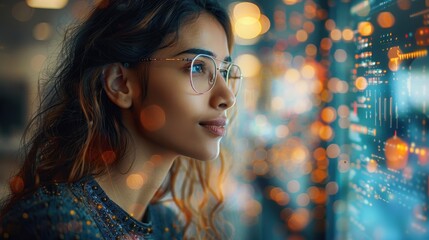 A woman, wearing glasses, closely observes a digital interface filled with bright lights and data. The surroundings and her expression hint at innovation and technological engagement.