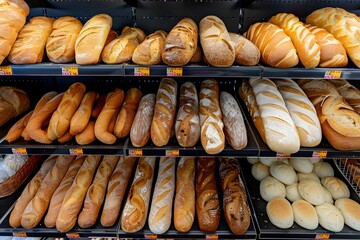 Fresh assortment of breads including baguettes, bagels, and bread buns beautifully displayed on bakery shelves in a supermarket.