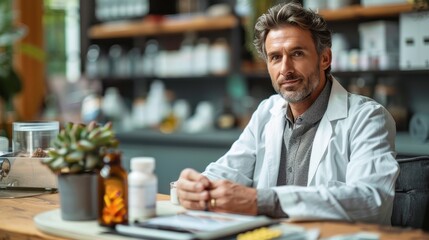 Fototapeta premium A bearded man wearing a white coat works in a tidy office surrounded by succulents and various jars, representing a professional yet relaxed work environment.