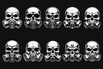 Dark Art Skull Skeleton Head Use Gas Mask Black and White Illustration