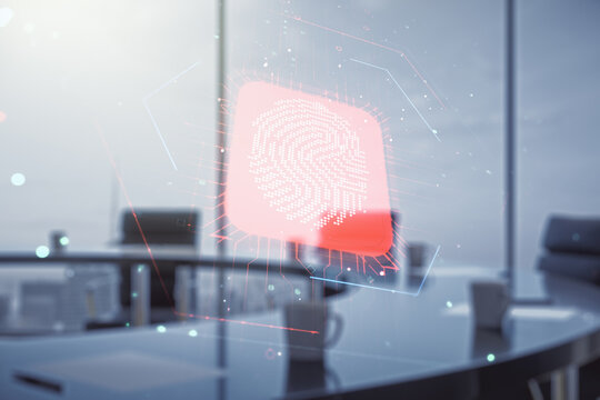 Double exposure of virtual creative fingerprint hologram on a modern boardroom background, protection of personal information concept