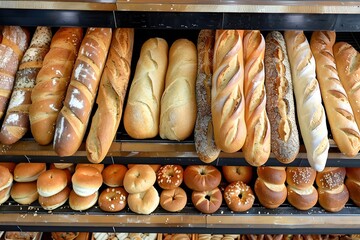 Fresh assortment of breads including baguettes, bagels, and bread buns beautifully displayed on bakery shelves in a supermarket.