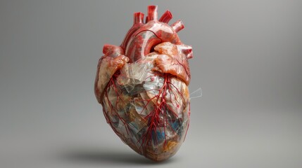 anatomically correct heart made of plastic bags with detailed anatomy, realistic medical illustration style, front view on plain background in octane render style
