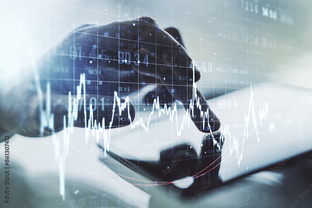 Poster multi exposure of abstract financial graph and hand working with a digital tablet on background, fin
