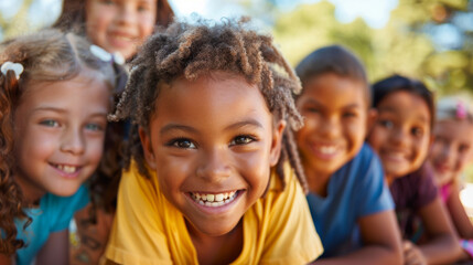 A group of diverse children smiling and lying on the grass, enjoying a sunny day outdoors.