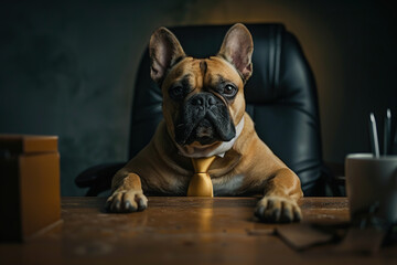 English bulldog  sitting on a office chair. Funny concept for celebrate Work Like A Dog Day, every year on 5th August