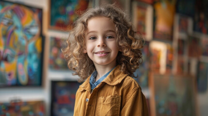 Fototapeta premium Smiling boy with curly hair standing in an art gallery, surrounded by colorful paintings.